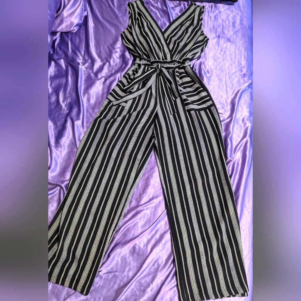 Monteau Black and White Striped Sleeveless Jumpsuit Romper